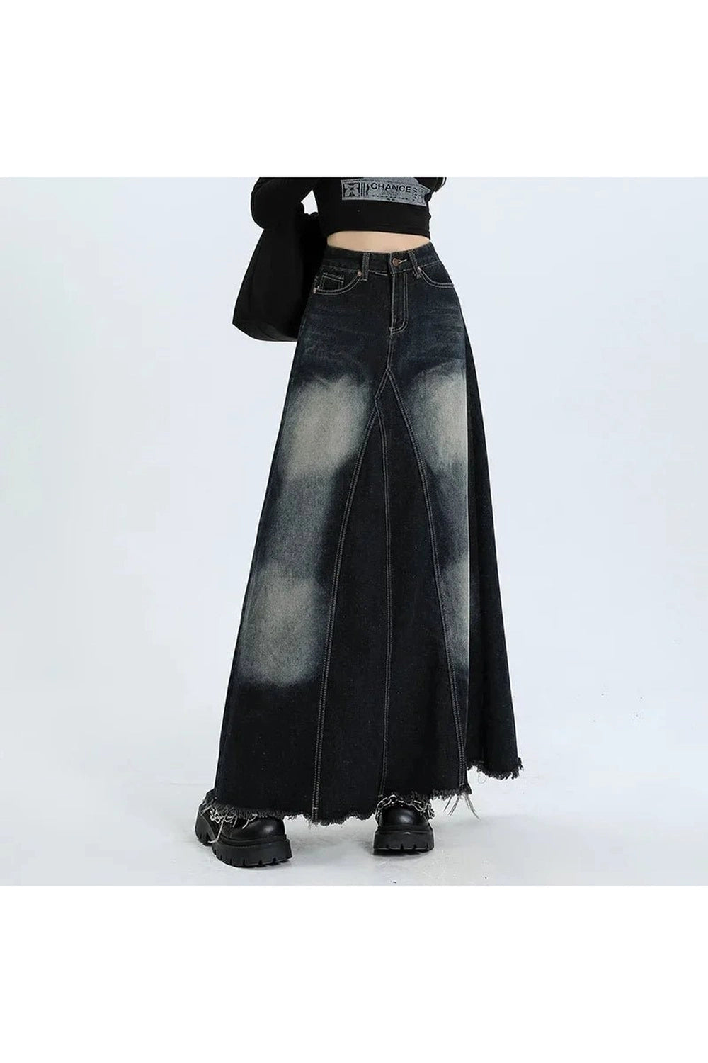 Faded Black Maxi Denim Skirt - Y2K Fashion Essential for 2000s Style