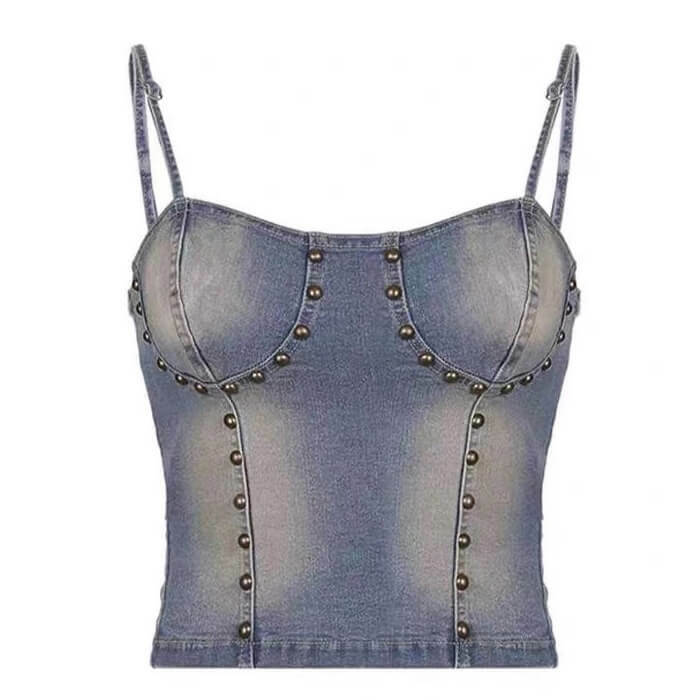 Fairy Grunge Y2K Denim Rivet Top - Trendy 2000s Fashion Essential