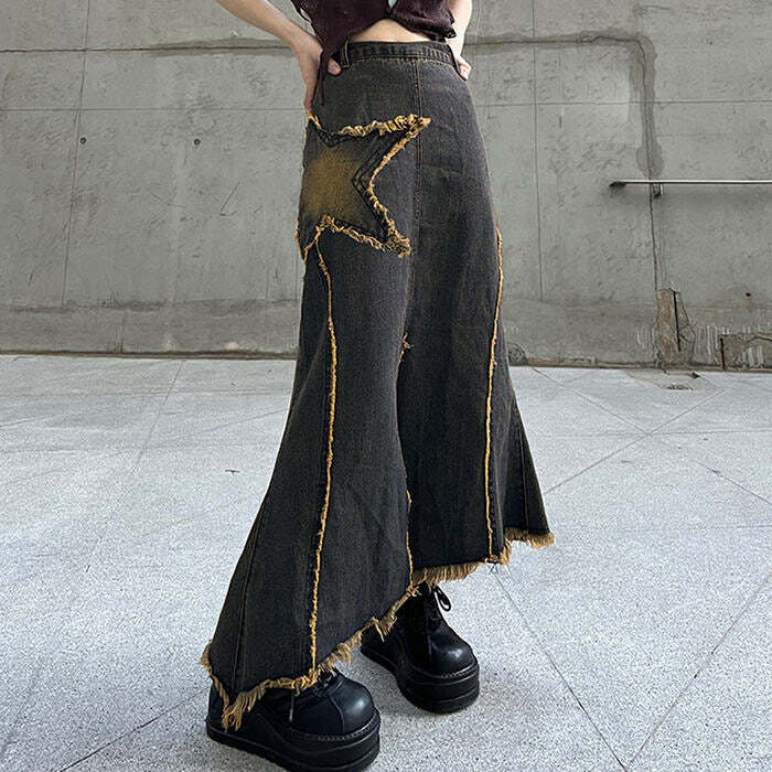 Fairy Grunge Y2K Long Denim Skirt - Vintage 2000s Fashion Statement