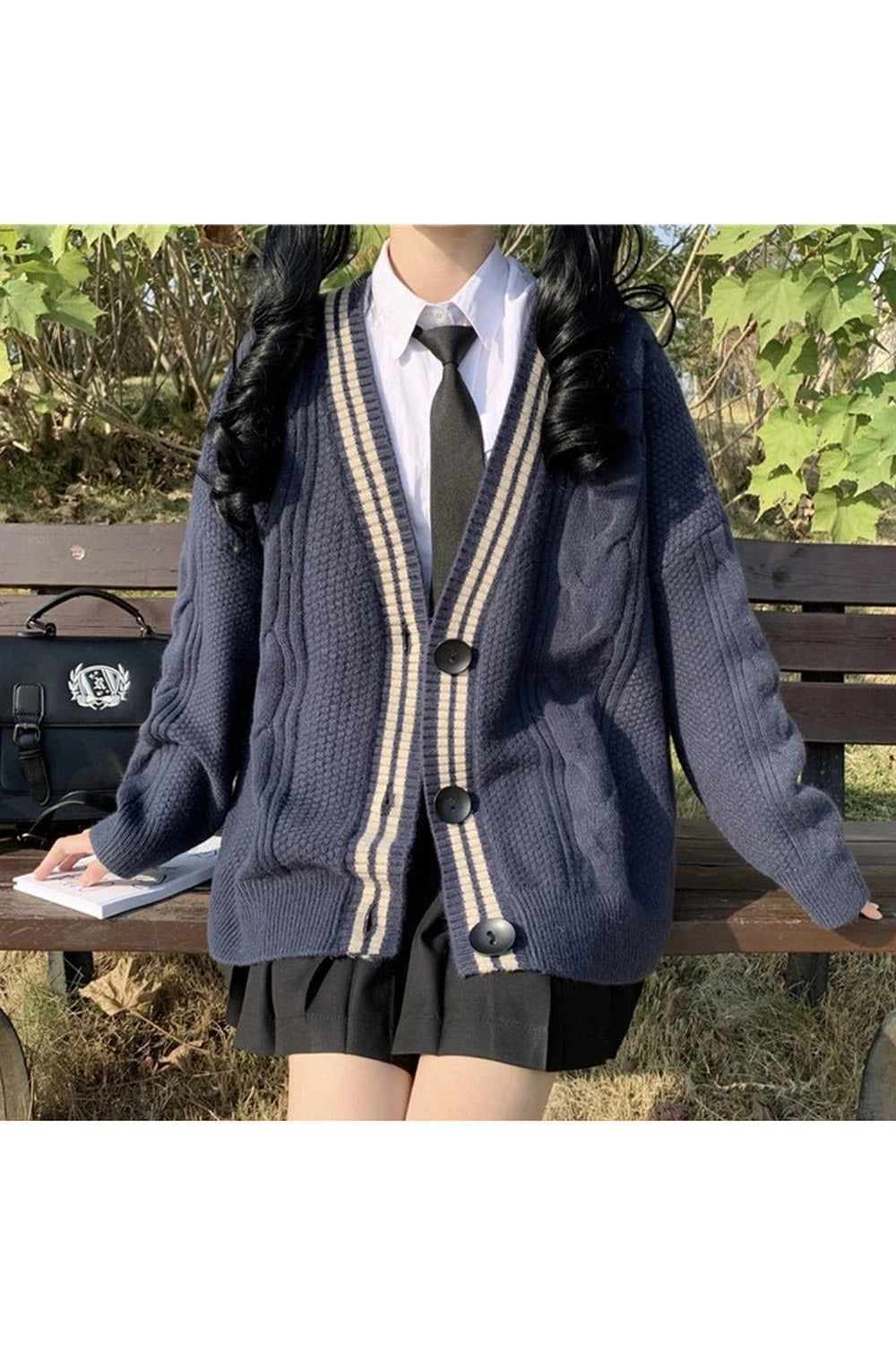 Fall Navy Preppy Varsity Cardigan - Y2K Fashion Essential for 2000s Style