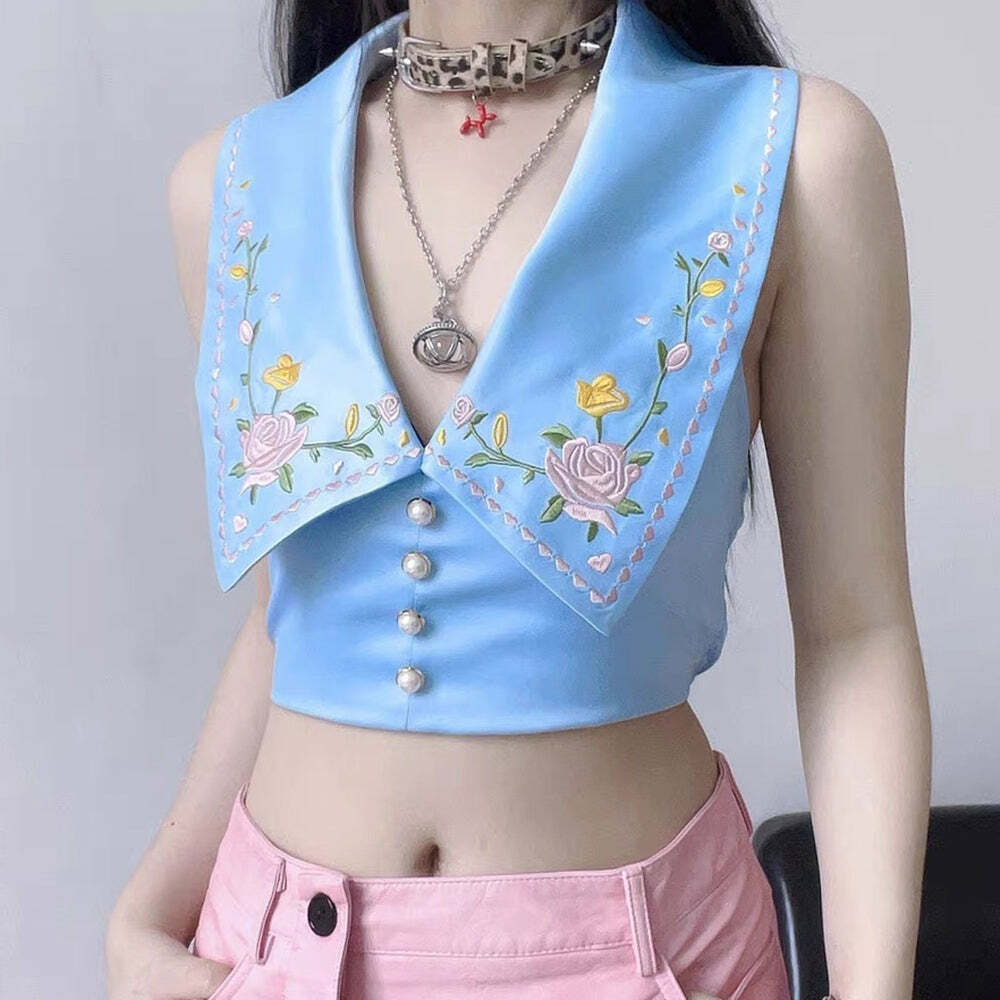 Floral Embroidered Satin Vest - Y2K Fashion Essential for Stylish Outfits