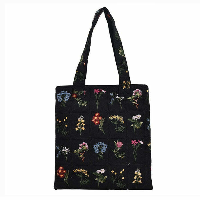 Floral Embroidered Tote Bag - Y2K Fashion Essential for 2000s Style