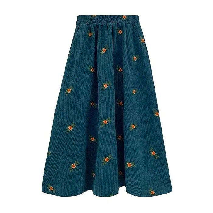 Floral Embroidery Corduroy Skirt - Y2K Fashion Essential for 2000s Style