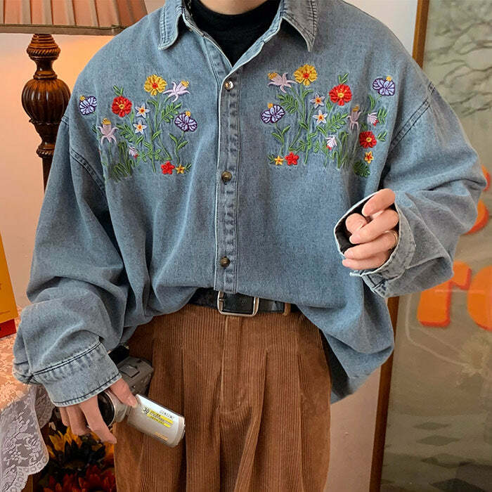 Floral Embroidery Vintage Denim Shirt - Y2K Fashion Essential