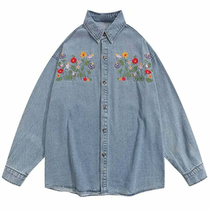 Floral Embroidery Vintage Denim Shirt - Y2K Fashion Essential