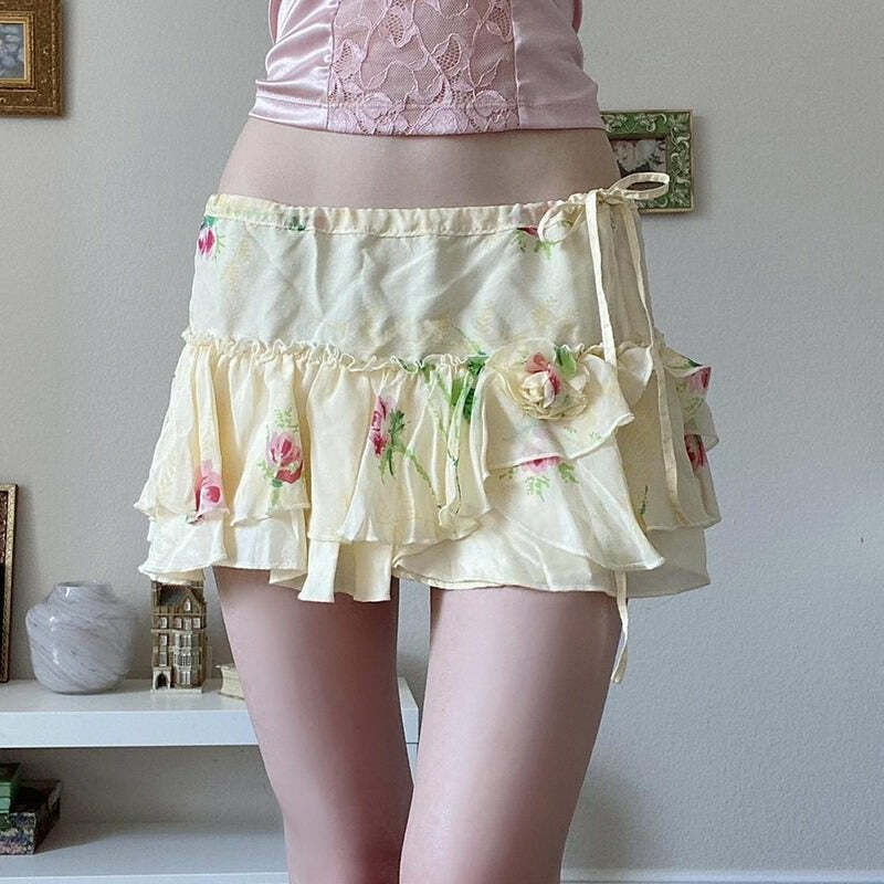 Floral Print Ruffle Skirt - Y2K Fashion Essential for 2000s Style