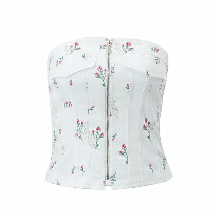 Floral Y2K Zip-Up Corset Top - Trendy 2000s Style for Modern Fashionistas