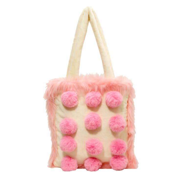 Fluffy Pink Pom Poms Bag - Y2K Fashion Must-Have for 2000s Style