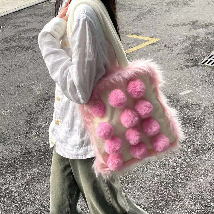 Fluffy Pink Pom Poms Bag - Y2K Fashion Must-Have for 2000s Style