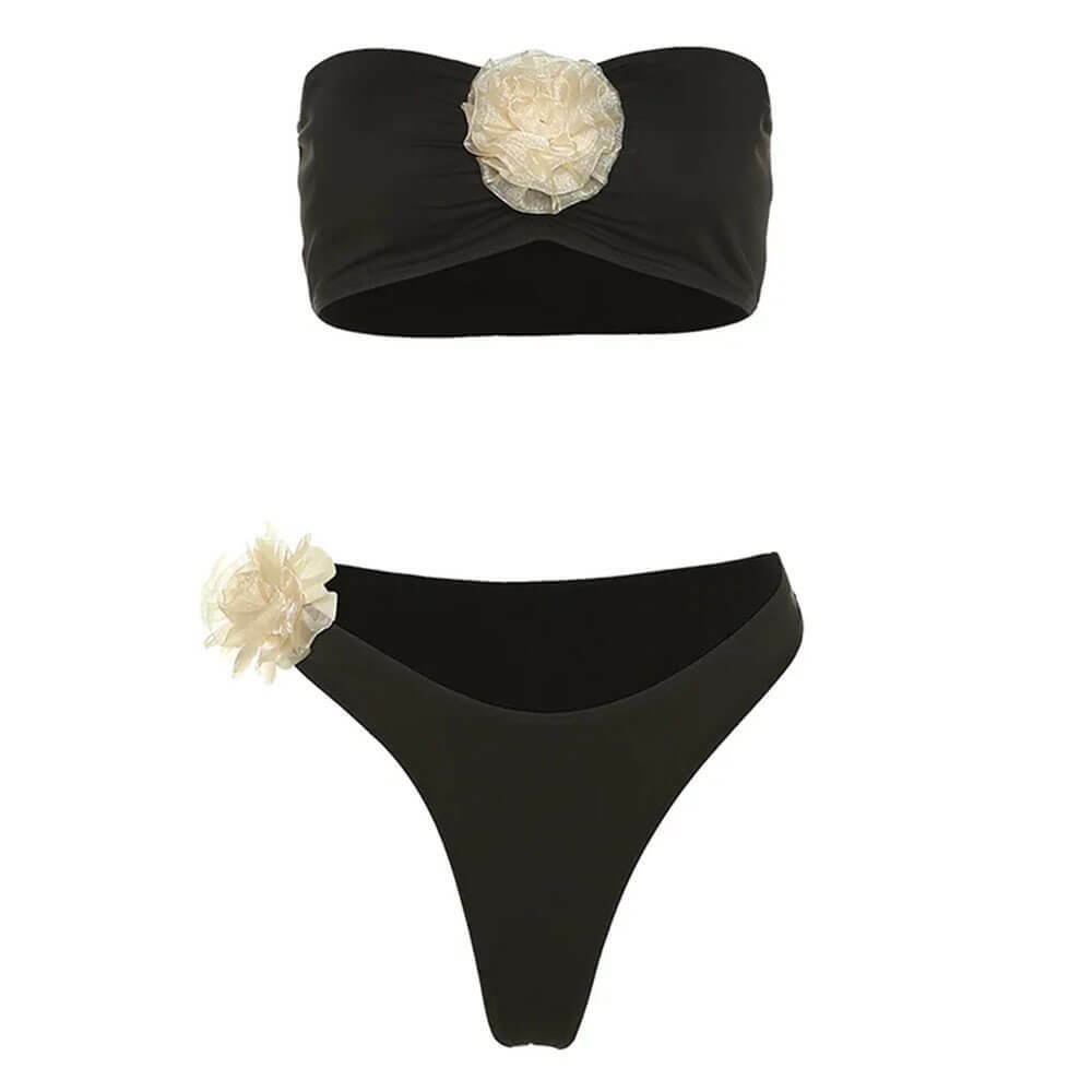 French Rose Y2K Bandeau Bikini Set - Trendy 2000s Style Swimwear