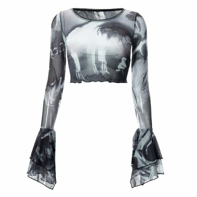 Futuristic Flare Sleeves Mesh Top - Y2K Fashion Aesthetic Essential