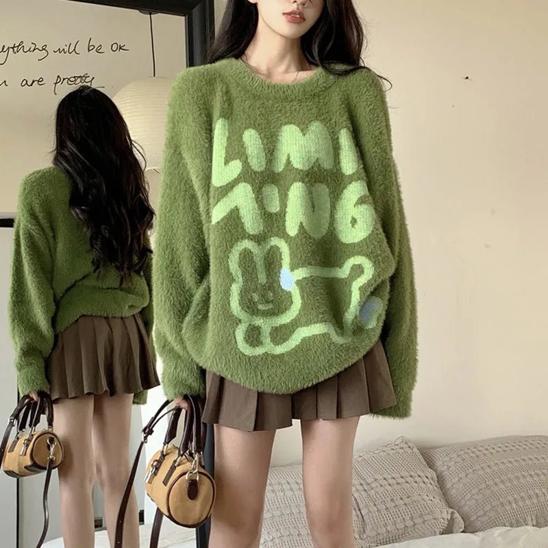 Fuzzy Bear Graphic Sweater - Trendy Y2K Fashion for Cozy Vibes