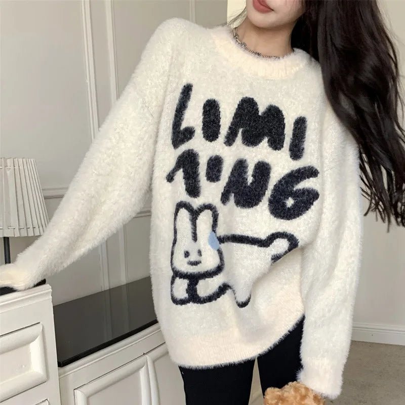 Fuzzy Bear Graphic Sweater - Trendy Y2K Fashion for Cozy Vibes