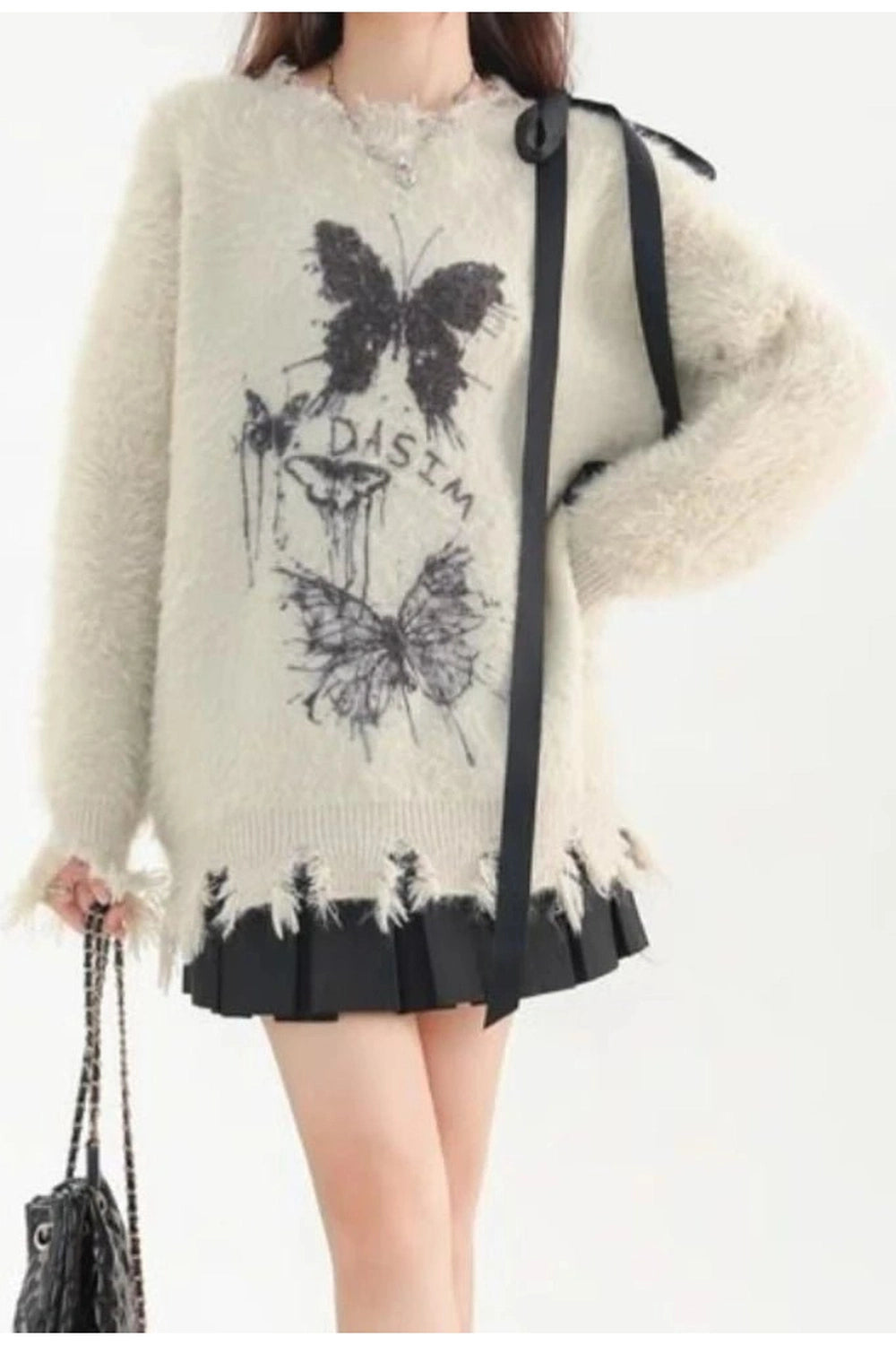 Fuzzy Butterfly Distressed Sweater - Y2K Fashion Essential for 2000s Style