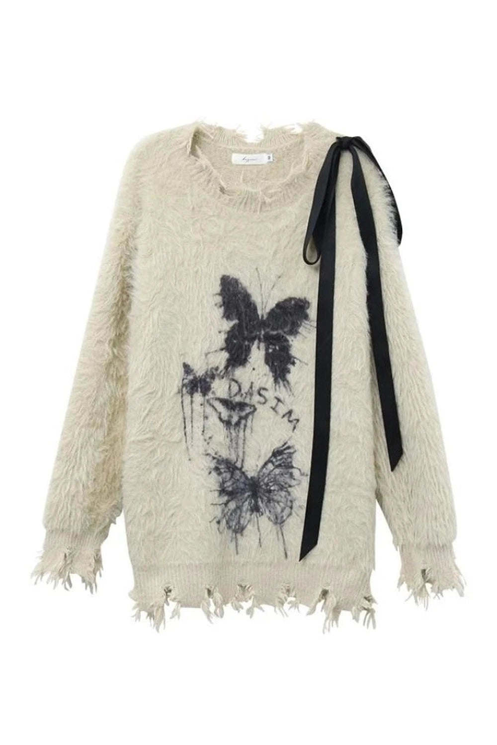 Fuzzy Butterfly Distressed Sweater - Y2K Fashion Essential for 2000s Style