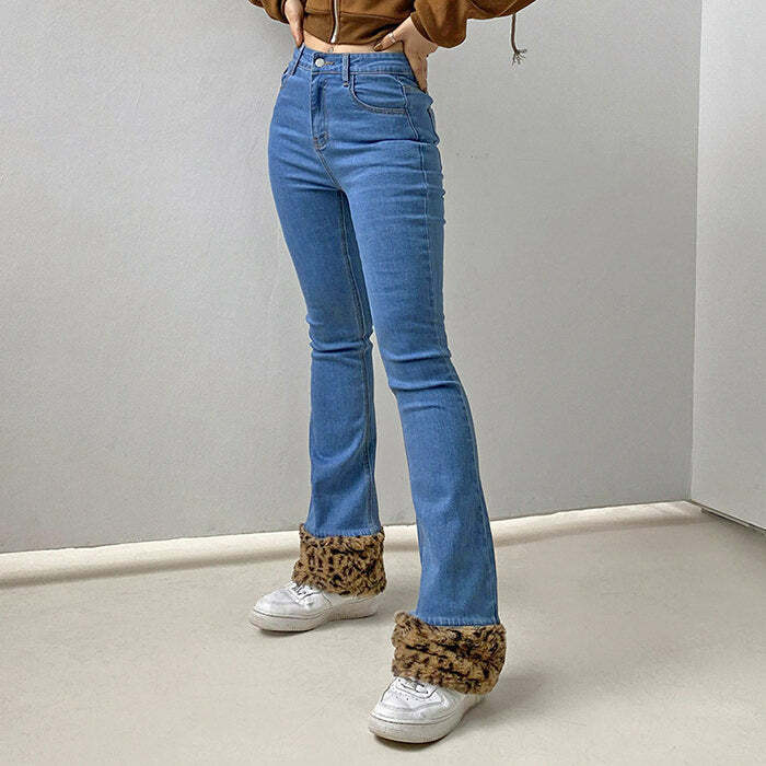 Fuzzy Leopard Trim Jeans - Y2K Fashion Statement for Trendy Outfits