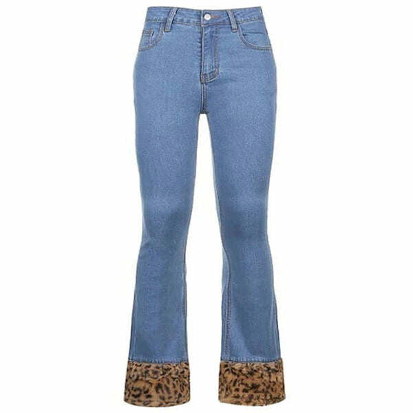 Fuzzy Leopard Trim Jeans - Y2K Fashion Statement for Trendy Outfits