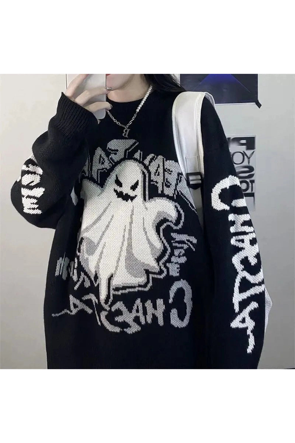 Ghostly Graffiti Knit Sweater - Y2K Fashion Essential for 2000s Style