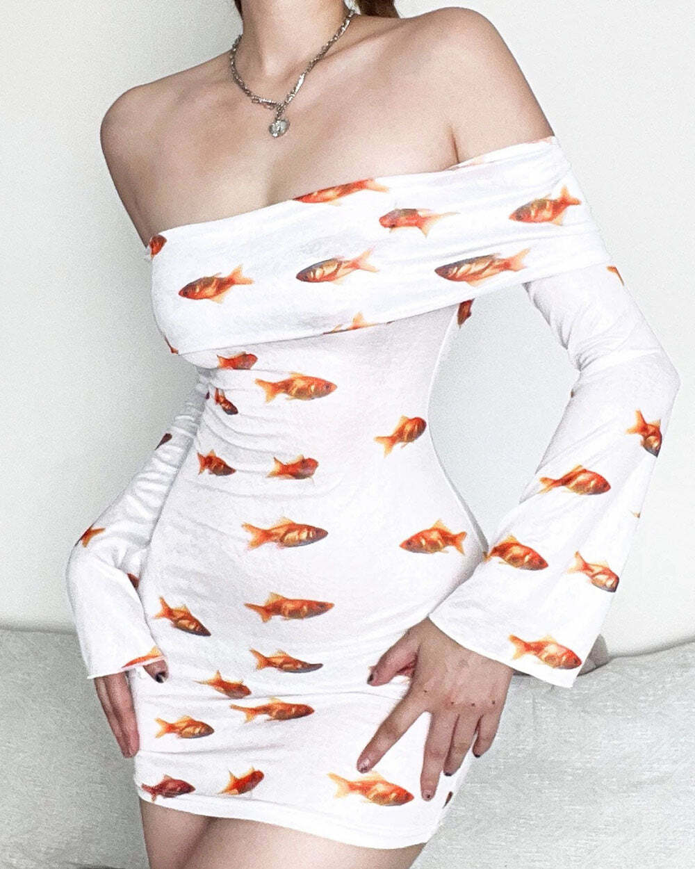 Goldfish Y2K Off Shoulder Mini Dress - Trendy 2000s Style Outfit