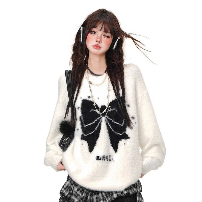 Gothic Bow Fluffy Sweater - Y2K Fashion Inspired 2000s Style Top