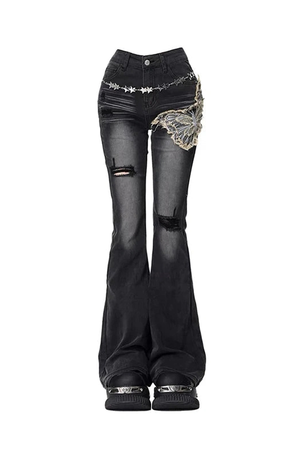 Gothic Butterfly Distressed Flare Jeans - Y2K Fashion Statement Piece