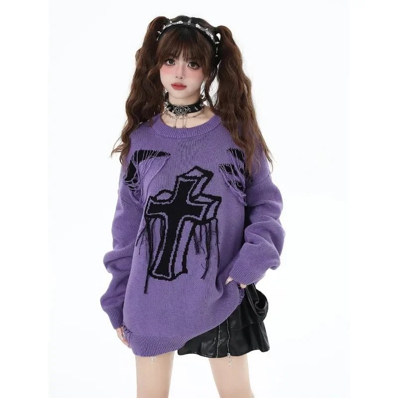 Gothic Cross Distressed Sweater - Y2K Fashion Essential for 2000s Style