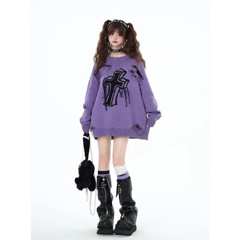 Gothic Cross Distressed Sweater - Y2K Fashion Essential for 2000s Style