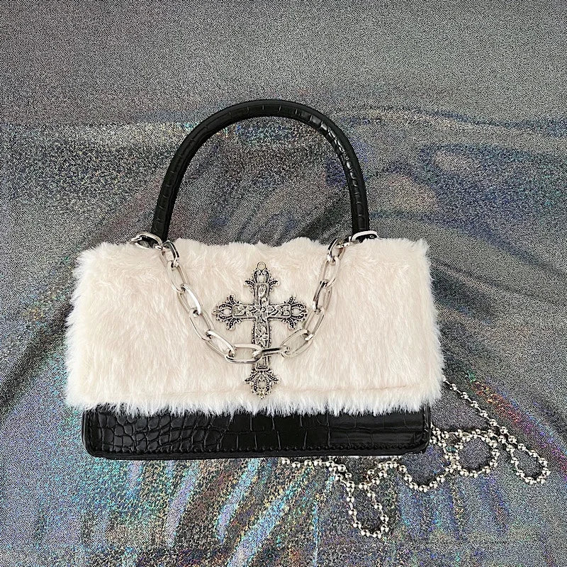 Gothic Cross Faux Fur Shoulder Bag - Y2K Fashion Statement Accessory