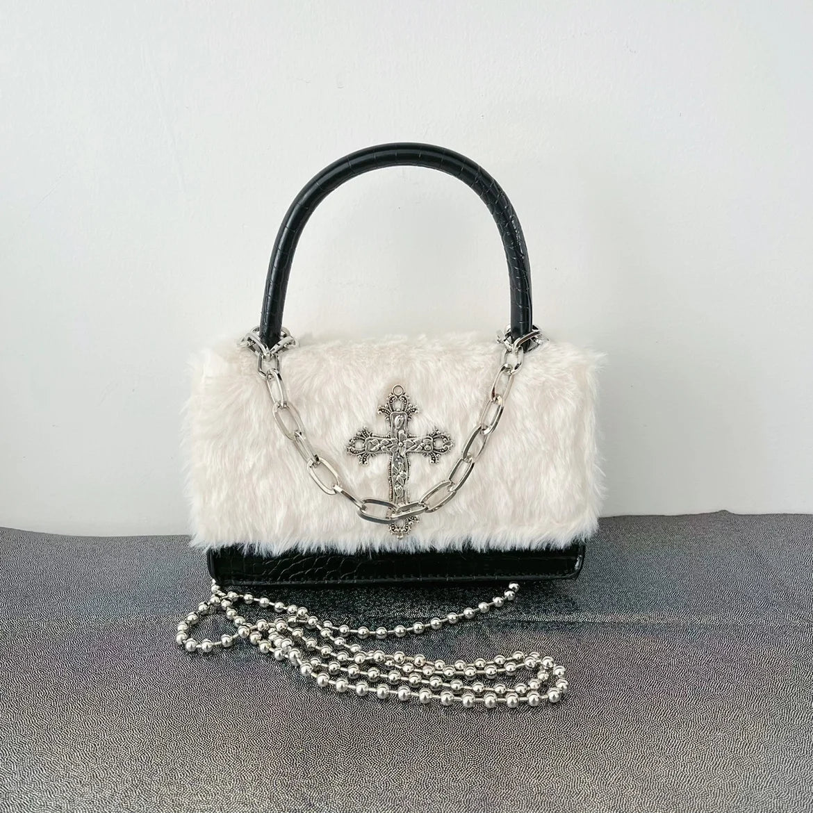 Gothic Cross Faux Fur Shoulder Bag - Y2K Fashion Statement Accessory