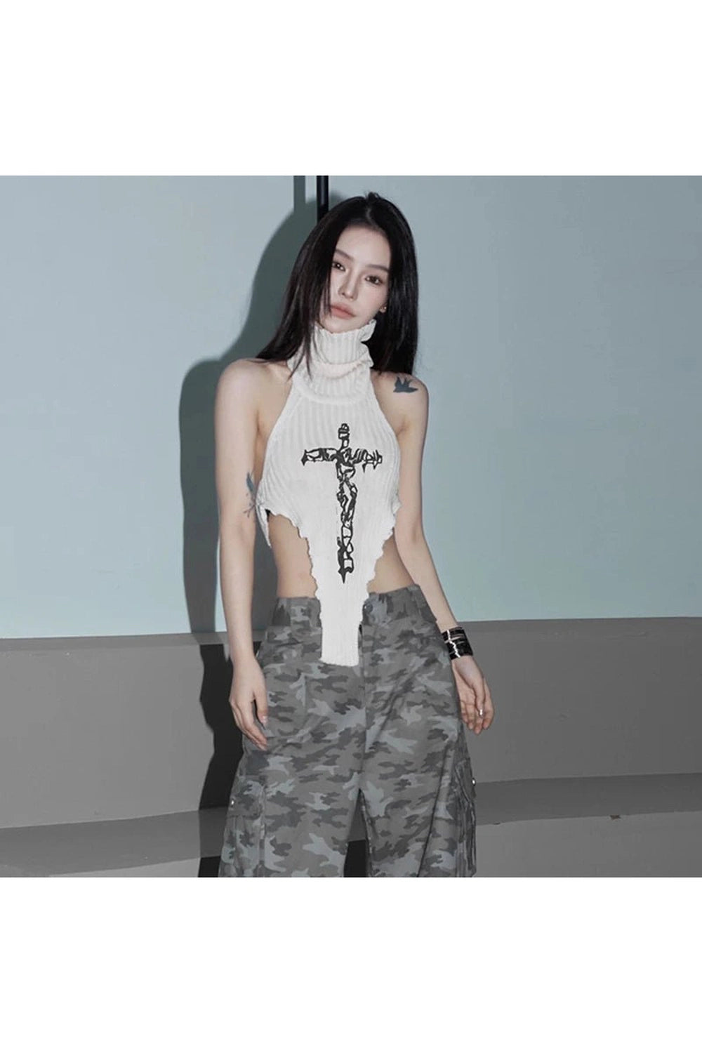 Gothic Cross Halter Knit Top - Y2K Fashion Aesthetic for Trendy Looks