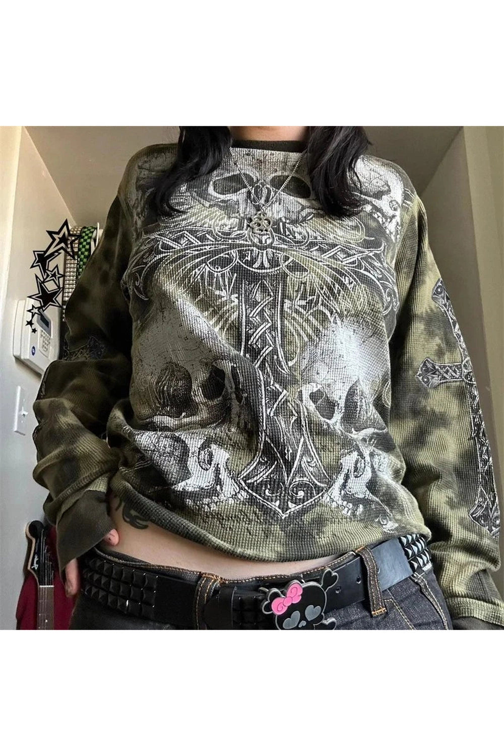 Gothic Cross & Skull Print Long Sleeve Top | Y2K Fashion Aesthetic