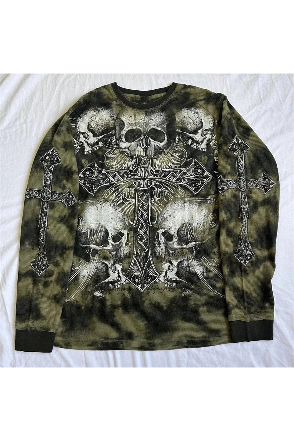 Gothic Cross & Skull Print Long Sleeve Top | Y2K Fashion Aesthetic