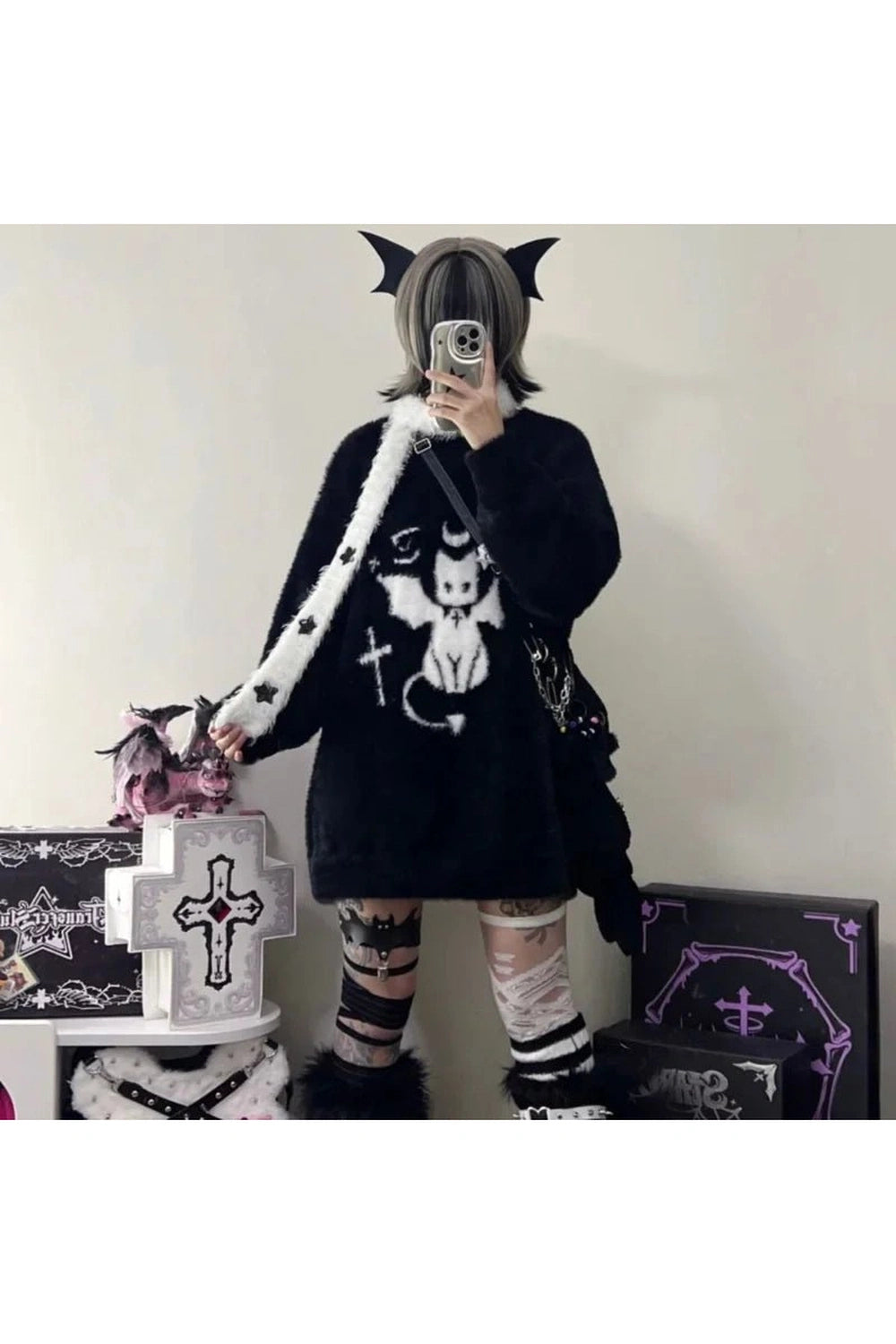 Gothic Demon Oversized Sweater - Y2K Aesthetic 2000s Fashion Statement