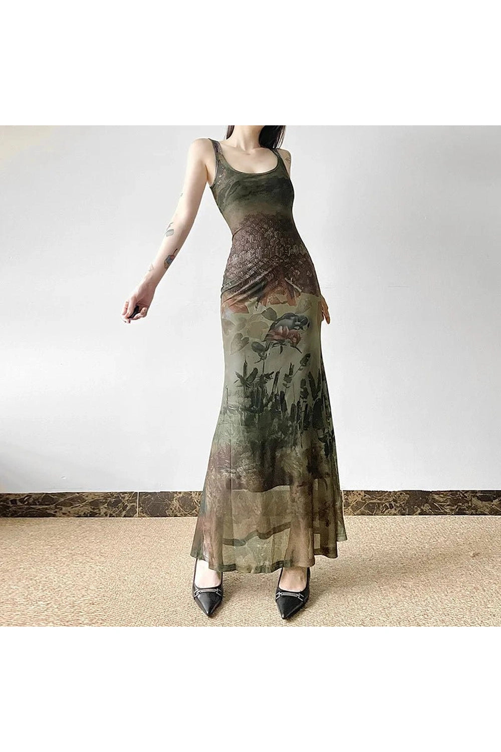 Gothic Forest Print Y2K Aesthetic Maxi Dress for Trendy Looks