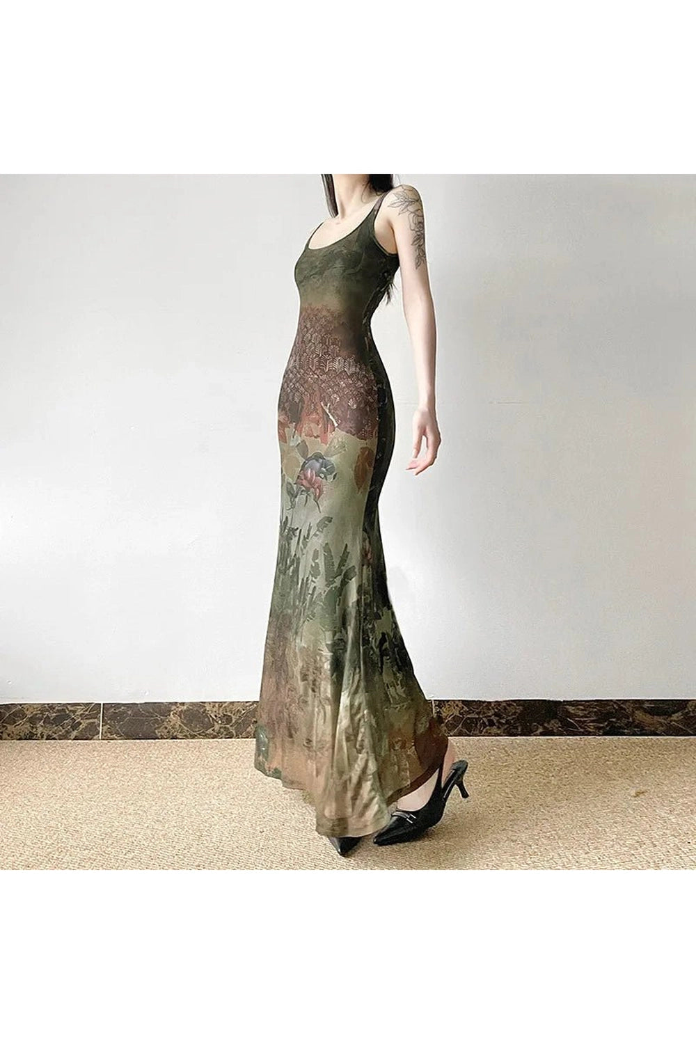 Gothic Forest Print Y2K Aesthetic Maxi Dress for Trendy Looks