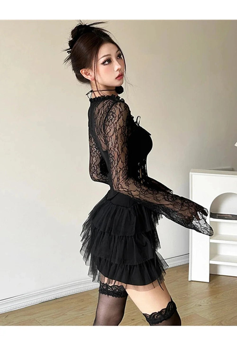 Gothic Lace Tiered Mini Dress - Y2K Fashion Aesthetic for Trendy Looks