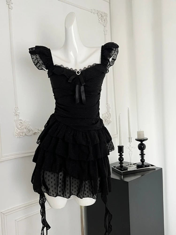 Gothic Lace Tiered Mini Dress - Y2K Fashion Aesthetic for Trendy Looks