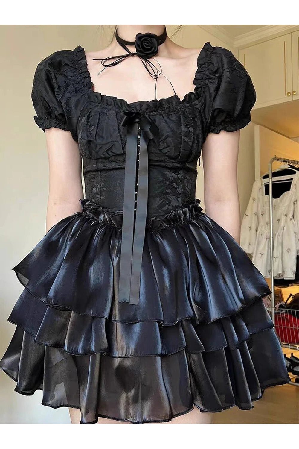 Gothic Princess Puff Sleeve Dress - Y2K Fashion Aesthetic Outfit