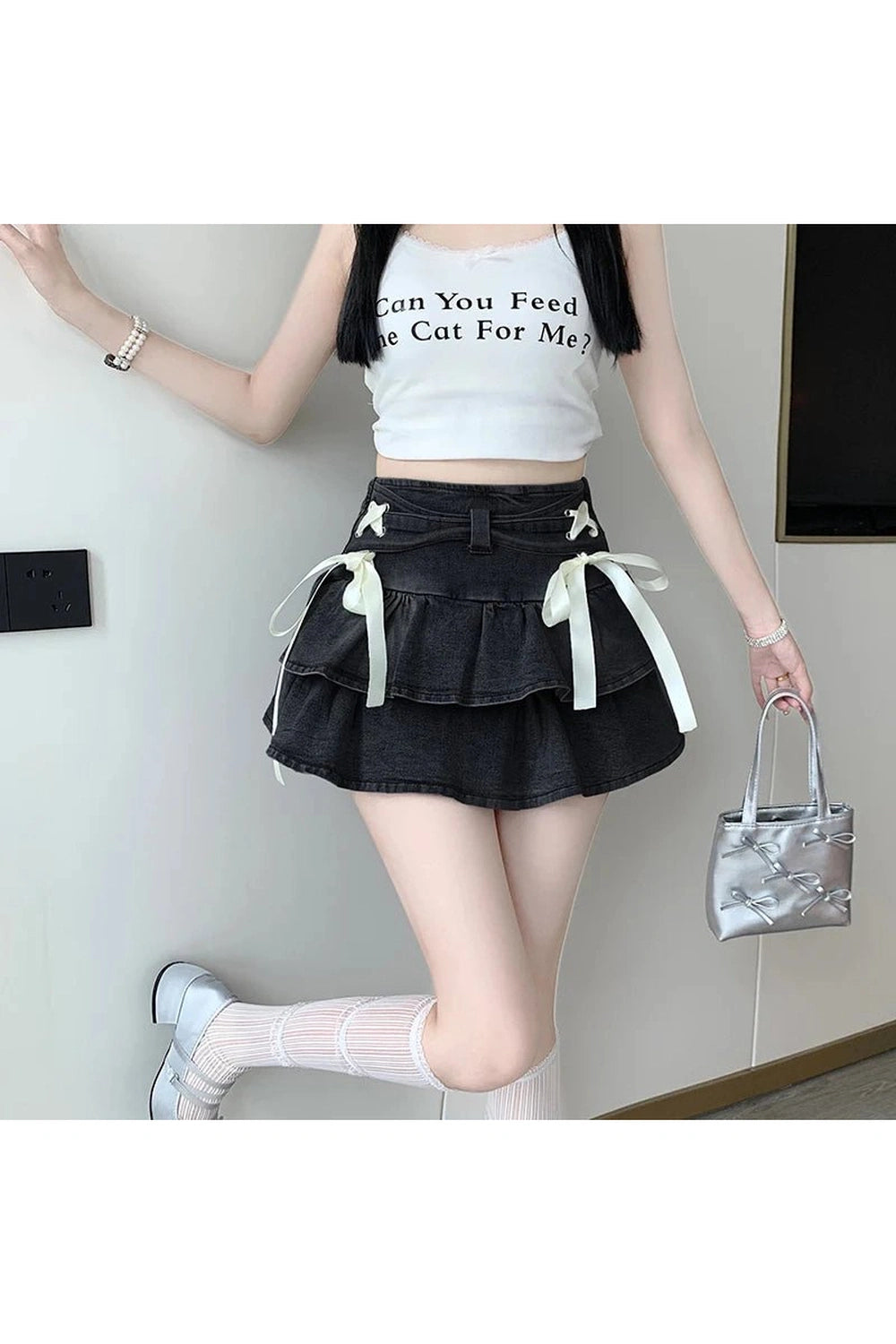 Gothic Ruffle Ribbon Mini Skirt - Y2K Fashion Inspired 2000s Style