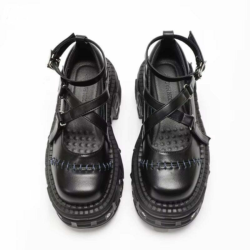 Gothic Stitched Punk Shoes - Y2K Fashion Inspired Footwear for Bold Style