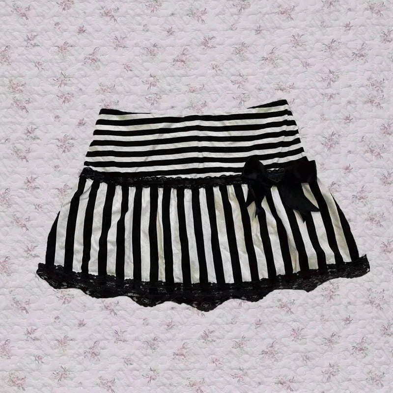 Gothic Striped Lace Mini Skirt - Y2K Fashion Essential for 2000s Style