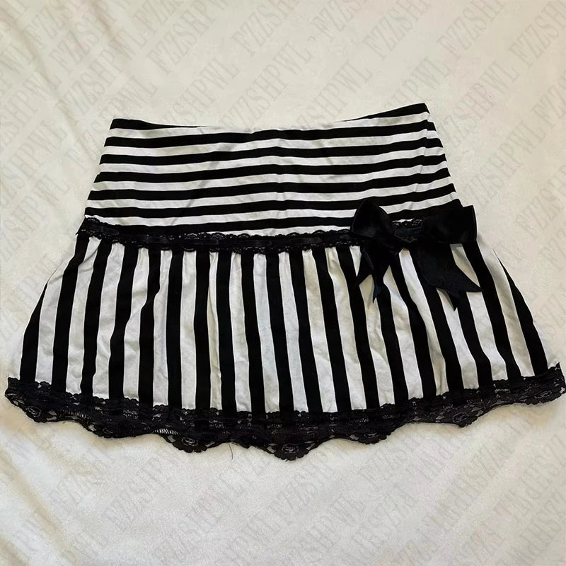 Gothic Striped Lace Mini Skirt - Y2K Fashion Essential for 2000s Style