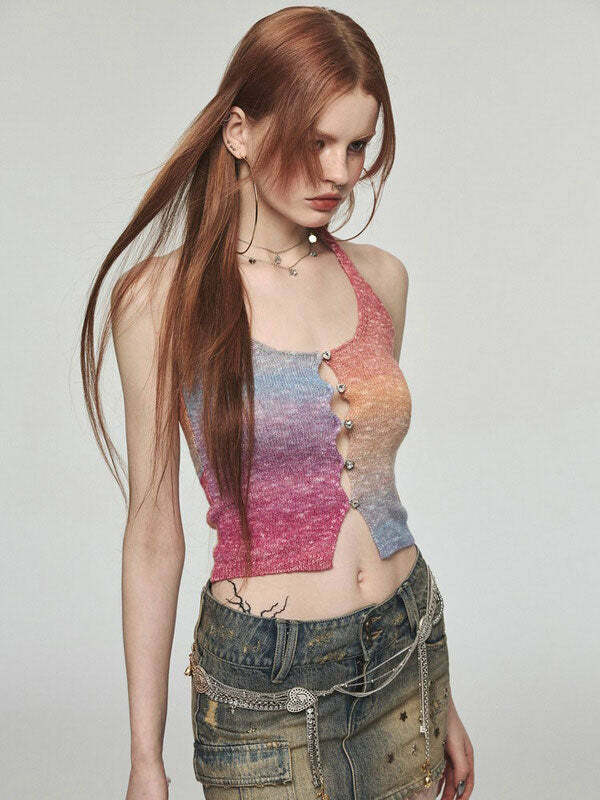 Gradient Rainbow Knit Halter Top - Y2K Fashion Aesthetic Clothing