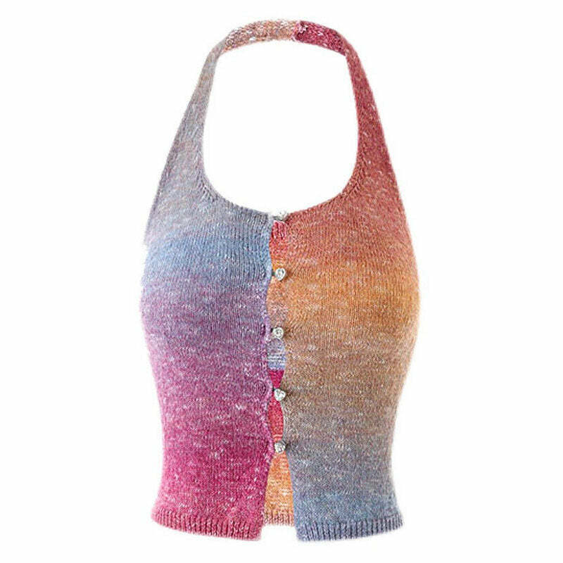 Gradient Rainbow Knit Halter Top - Y2K Fashion Aesthetic Clothing