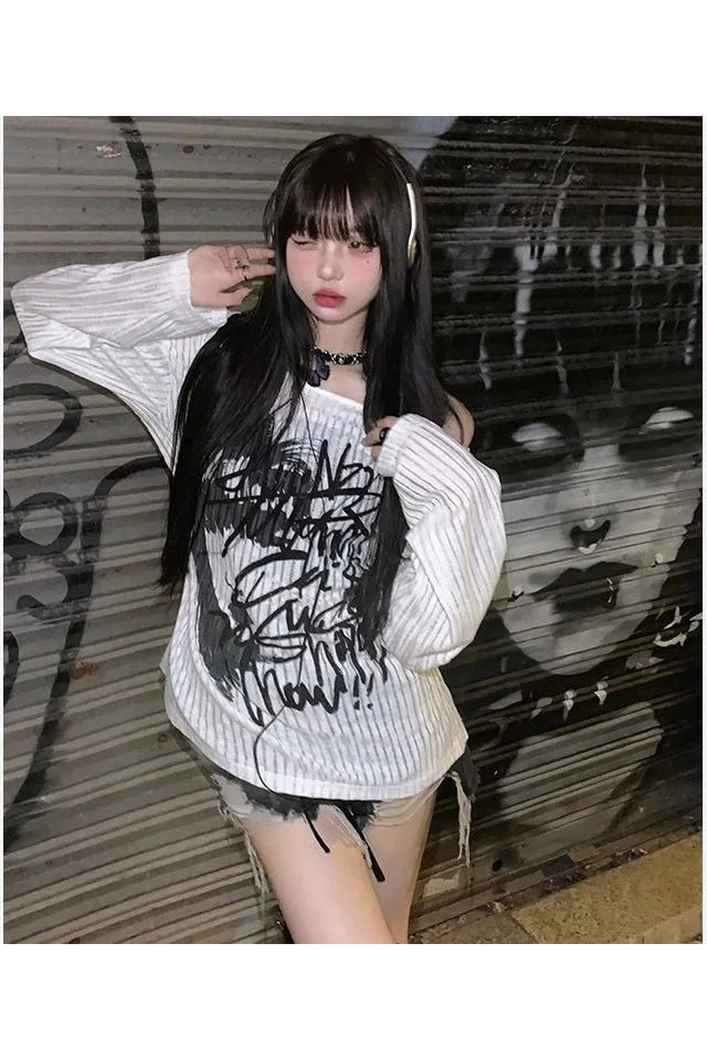 Graffiti Nights Y2K Off-Shoulder Sweater - Trendy 2000s Style Top