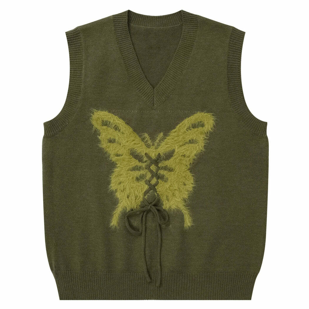 Green Butterfly Knit Vest - Y2K Fashion Essential for Trendy Outfits