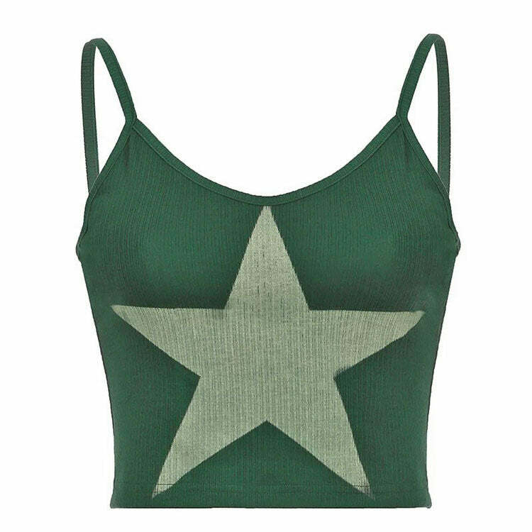 Green Star Ribbed Tank Top - Y2K Fashion Essential for Trendy Outfits