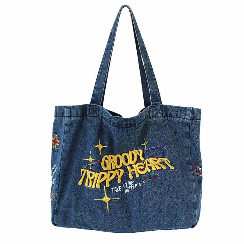 Groovy Trippy Heart Blue Denim Bag - Y2K Fashion Essential