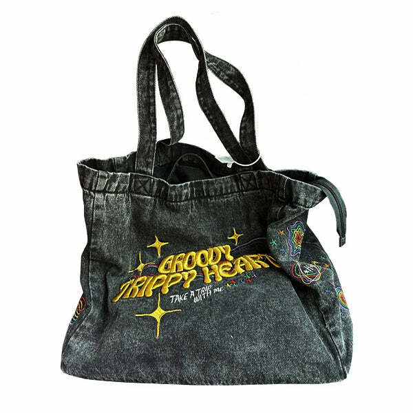 Groovy Trippy Heart Denim Bag - Y2K Fashion Essential for Unique Style