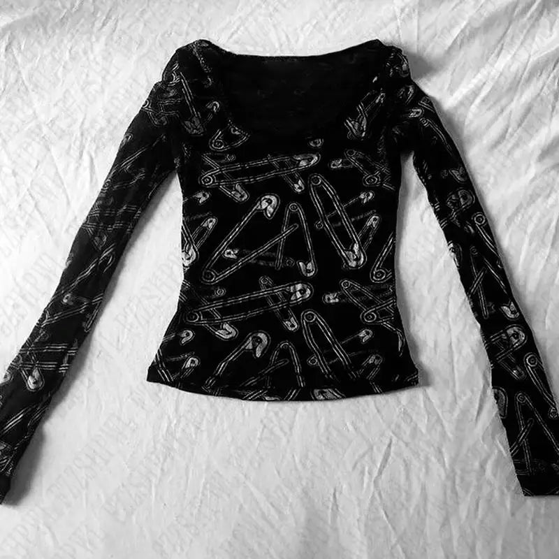 Grunge Safety Pin Long Sleeve Top - Y2K Fashion Essential for 2000s Style